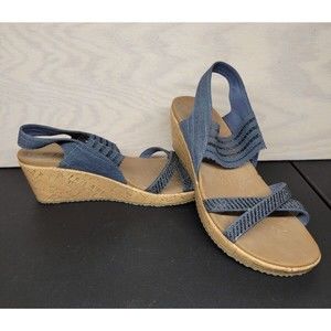 Skechers Women's SZ 10 Luxe Foam Wedge Sandals Beverlee Blue  Strap Cork